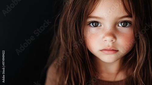 A young girl with freckles and big blue eyes gazes adoringly at the viewer, conveying innocence and purity against a minimalist dark background.