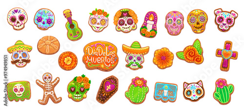 Mexican dead day biscuit cookie and cakes, dia de los muertos holiday pastry featuring colorful sugar skull, marigold, candle, guitar and coffin, cross, papel picado, cat and dog festive confectionery