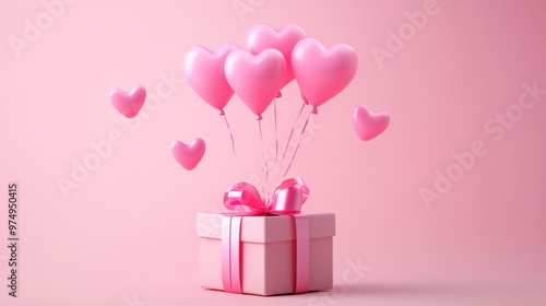 Three-dimensional heart-shaped balloons float out of an open box on a pink background, in minimalist soft lighting, creating a romantic atmosphere