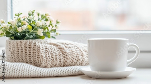 Wallpaper Mural A white cup of coffee rests on a saucer beside a soft blanket and a small flower arrangement, creating an inviting atmosphere in the morning light Torontodigital.ca