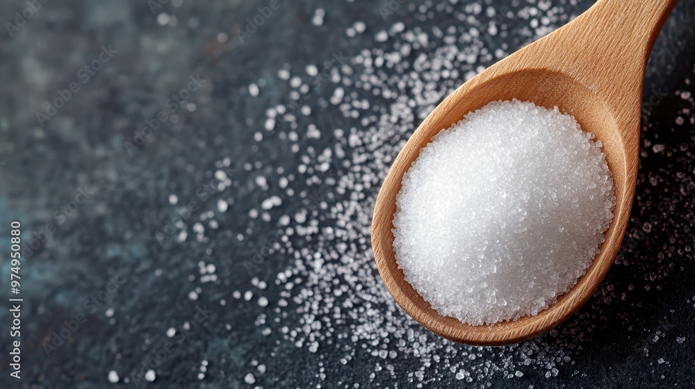 Detailed shot of sugar granules placed on a wooden spoon, set against a dark backdrop. This image highlights the crystalline structure and everyday use of sugar in culinary practices. Detailed shot of sugar granules placed on a wooden spoon, set against a dark backdrop. This image highlights the crystalline structure and everyday use of sugar in culinary practices.