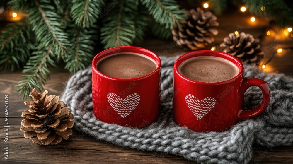 Two red mugs filled with hot chocolate featuring heart-shaped latte art rest on a rustic wooden table adorned with winter decorations, creating a warm and inviting atmosphere. Two red mugs filled with hot chocolate featuring heart-shaped latte art rest on a rustic wooden table adorned with winter decorations, creating a warm and inviting atmosphere.