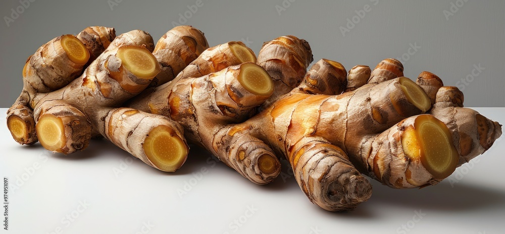 Close up of whole turmeric root with sliced sections. Close up of whole turmeric root with sliced sections.