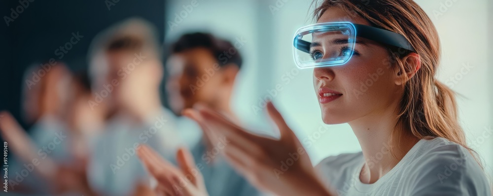 Obraz premium Holographic AI assistant teaching a language to a group of students, holographic AI assistant, language learning