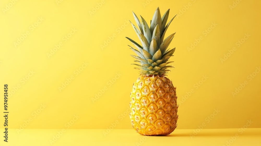 Pineapple against yellow background, vibrant minimalism. Tropical fruit and summer concept Pineapple against yellow background, vibrant minimalism. Tropical fruit and summer concept