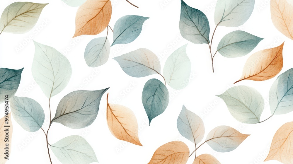 Obraz premium Elegant seamless pattern of green, blue, light brown, and gray watercolor leaves against a simple white background