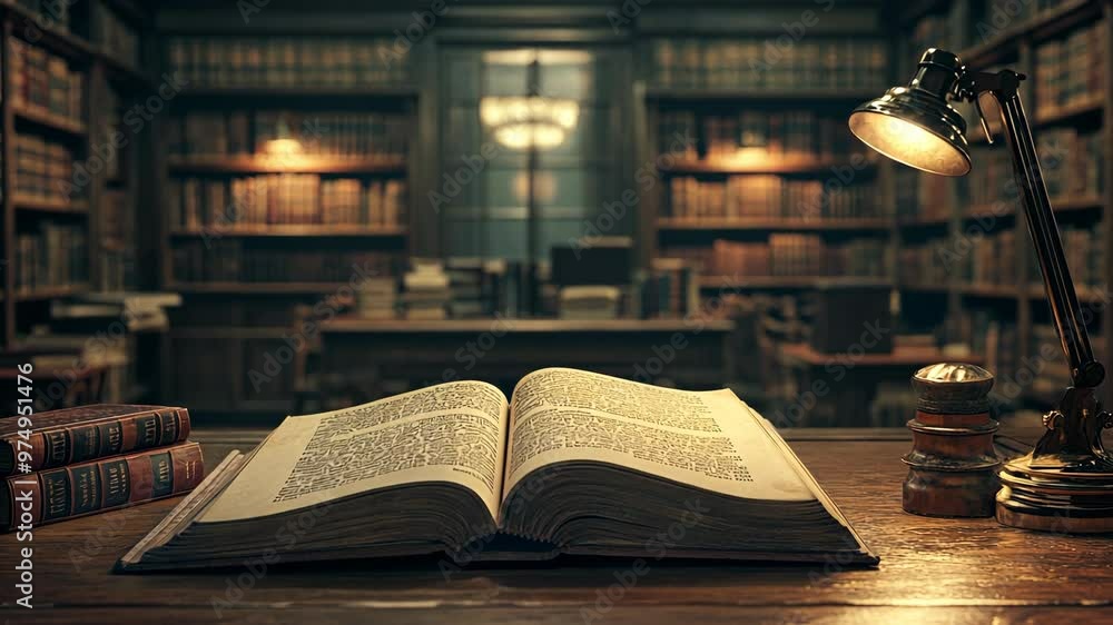 Explore the serene atmosphere of a classic library filled with books and warm lighting in the evening hours Explore the serene atmosphere of a classic library filled with books and warm lighting in the evening hours
