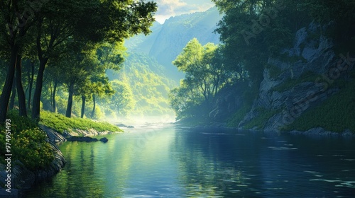A Serene River Flowing Through a Lush, Misty Forest Valley