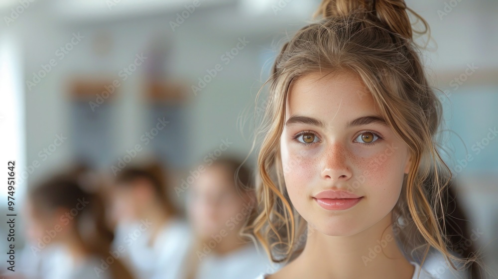 Charming Schoolgirl Poses Solo on White Background Charming Schoolgirl Poses Solo on White Background