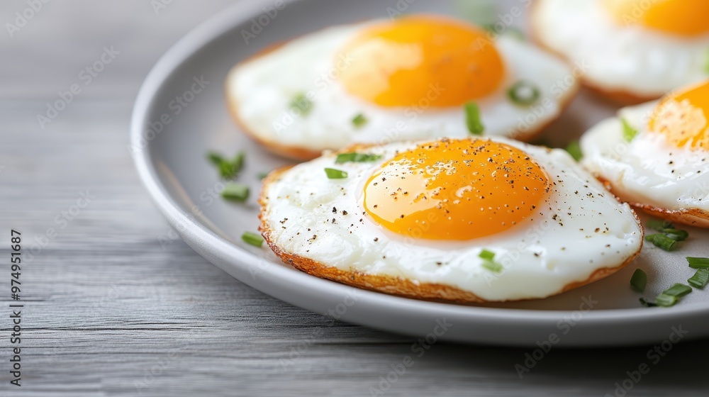 Four deliciously cooked sunny-side-up eggs on a grey plate, garnished with chives and black pepper, represents a hearty and appetizing breakfast arrangement. Four deliciously cooked sunny-side-up eggs on a grey plate, garnished with chives and black pepper, represents a hearty and appetizing breakfast arrangement.