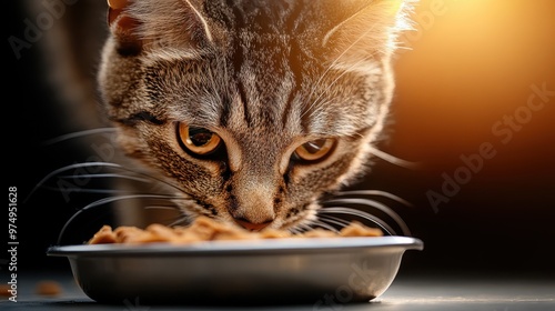 A captivating close-up image showing a tabby cat with striking stripes eating its dry food from a metal bowl, highlighting its intense gaze and texture of fur. photo