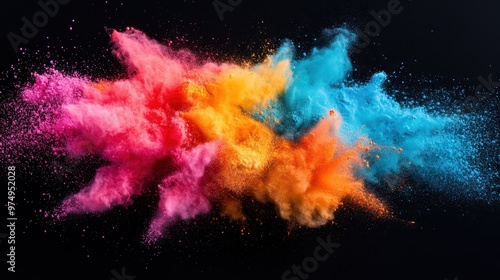 This image showcases a colorful explosion of pink, orange, and blue powder creating vibrant hues and depth on a black background. The dynamic scene is full of energy and movement.