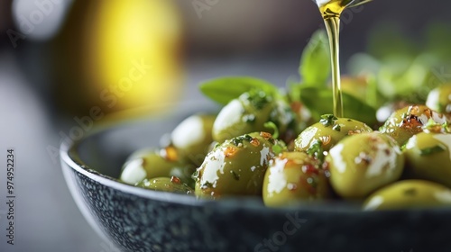 A photograph featuring a bowl of green olives garnished with fresh herbs and drizzled with olive oil, presented as a delightful and healthy Mediterranean appetizer.