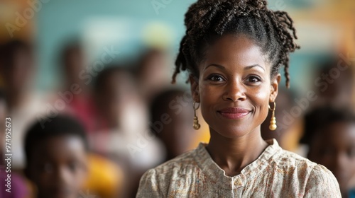 A warm-hearted teacher with dreadlocks smiles in front of a lively classroom, embodying enthusiasm and passion for education amidst her attentive students.