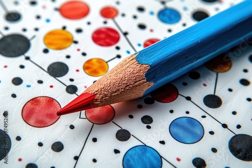 A red pencil with blue paint lays on a white background with colored dots and lines.