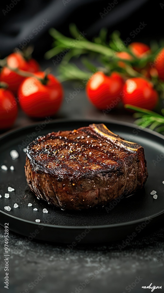 A perfectly grilled ribeye steak is placed on a black plate, garnished with fresh rosemary and ripe cherry tomatoes, creating an inviting culinary presentation. A perfectly grilled ribeye steak is placed on a black plate, garnished with fresh rosemary and ripe cherry tomatoes, creating an inviting culinary presentation.