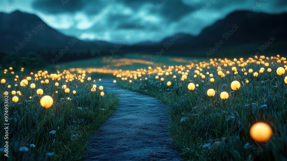 A winding path through a field of glowing, pulsating flowers, the scent intoxicating, the air thick with an ominous presence. A winding path through a field of glowing, pulsating flowers, the scent intoxicating, the air thick with an ominous presence.