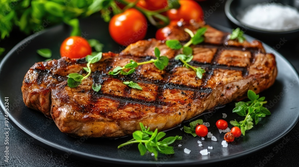 A perfectly grilled ribeye steak is placed on a black plate, garnished with fresh rosemary and ripe cherry tomatoes, creating an inviting culinary presentation A perfectly grilled ribeye steak is placed on a black plate, garnished with fresh rosemary and ripe cherry tomatoes, creating an inviting culinary presentation