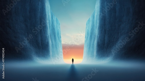 A figure facing a towering, insurmountable wall, a single, flickering light illuminating a narrow, treacherous path. photo