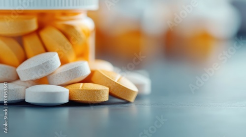 An up-close image of a pill bottle with orange and white pills scattered around it, highlighting the accessibility and common usage of pharmaceuticals in modern healthcare. photo