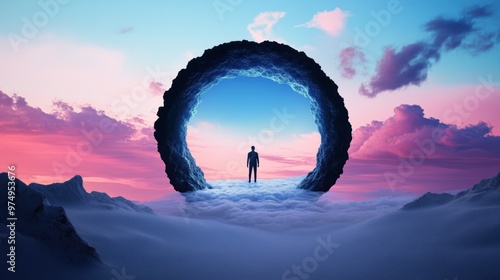 A figure standing on the edge of a shimmering, ethereal portal, a single, risky step separating them from a world beyond human comprehension.