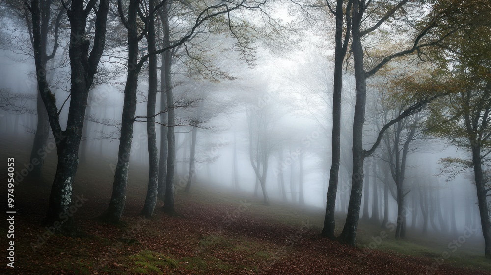Misty Forest with Tall Trees and Fallen Leaves Misty Forest with Tall Trees and Fallen Leaves