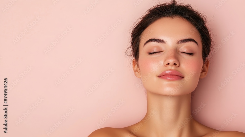 A peaceful and serene woman with flushed cheeks and closed eyes poses against a soft pink background, exuding calm and elegance in a minimalist setting. A peaceful and serene woman with flushed cheeks and closed eyes poses against a soft pink background, exuding calm and elegance in a minimalist setting.