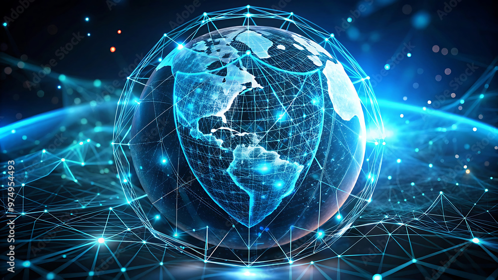 Digital Globe with Cyan Networks and Shield, A High-Tech Illustration of Global Cybersecurity in a Blue Background Digital Globe with Cyan Networks and Shield, A High-Tech Illustration of Global Cybersecurity in a Blue Background