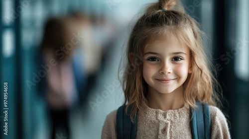 A young girl with blonde hair stands smiling in a bright school corridor, wearing a cozy sweater and a backpack, highlighting innocence and hope.