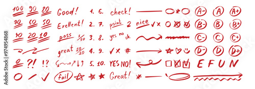 English test exam red pen mark. School teacher test. A B C D Doodle outline hand drawn style