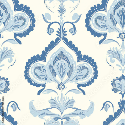 Floral pattern seamless.Pastel blue flowers Ikat textured design paisley embroidery with floral motifs.