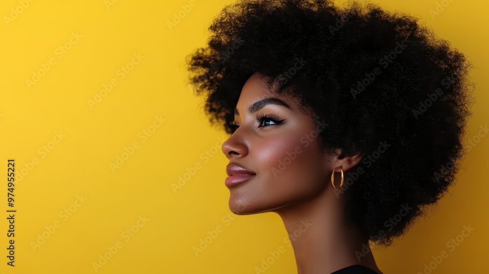 A striking profile of a woman with a lush afro hairstyle set against a vibrant yellow backdrop, emphasizing self-expression and bold modern African aesthetics. A striking profile of a woman with a lush afro hairstyle set against a vibrant yellow backdrop, emphasizing self-expression and bold modern African aesthetics.