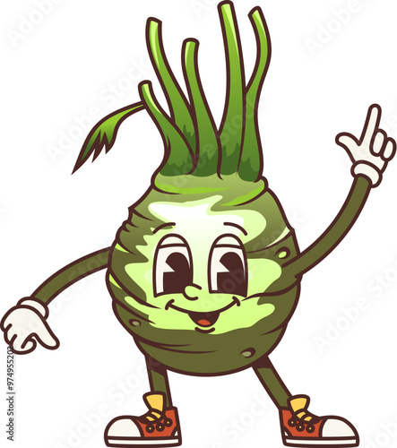 Cartoon groovy kohlrabi cabbage vegetable character with a cheerful expression and big, friendly eyes Vector ripe veggie with green leafy tops. Fun and quirky healthy vitamin food retro personage