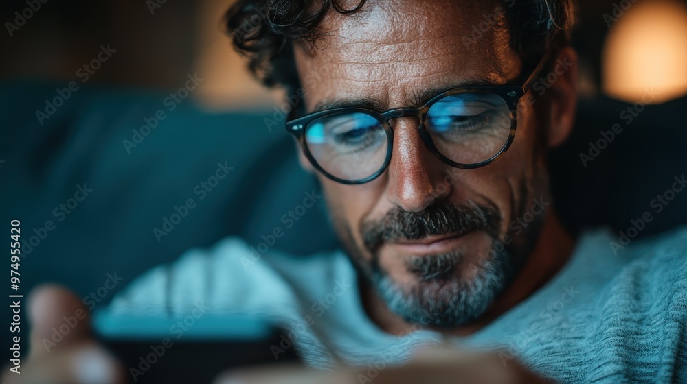 A close-up of a man in eyeglasses appreciates quiet moments on his phone, amid a comfy home setting. His relaxed demeanor and whiskered smile complete the warmth. A close-up of a man in eyeglasses appreciates quiet moments on his phone, amid a comfy home setting. His relaxed demeanor and whiskered smile complete the warmth.