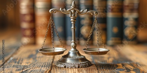 Scales of Justice on Wooden Table with Books in Background