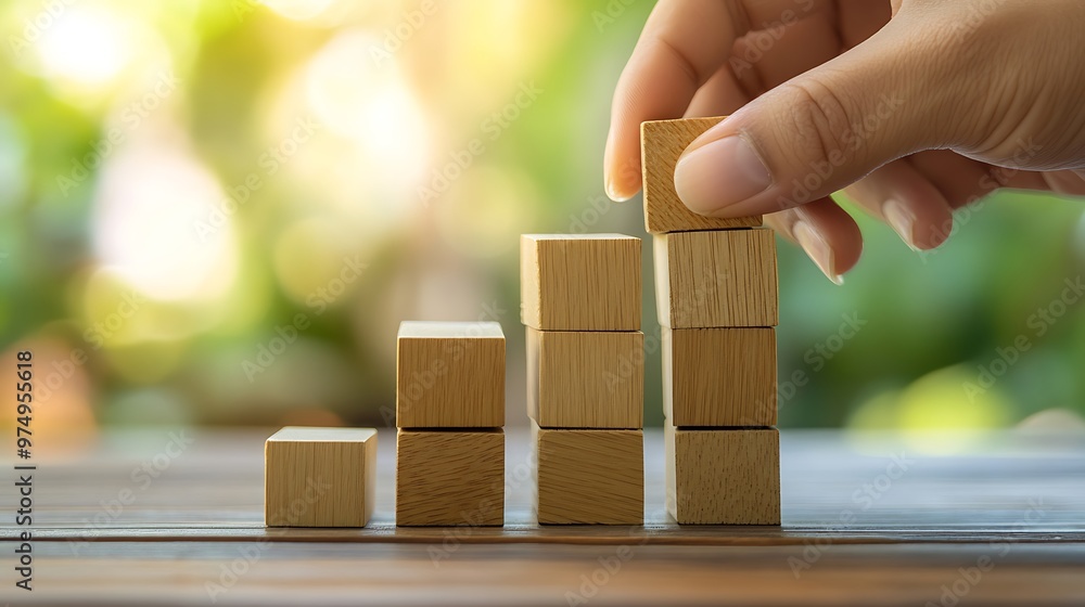 Hand placing wooden block on top of tower, symbolizing growth, success, and building, with a blurred green nature background Hand placing wooden block on top of tower, symbolizing growth, success, and building, with a blurred green nature background