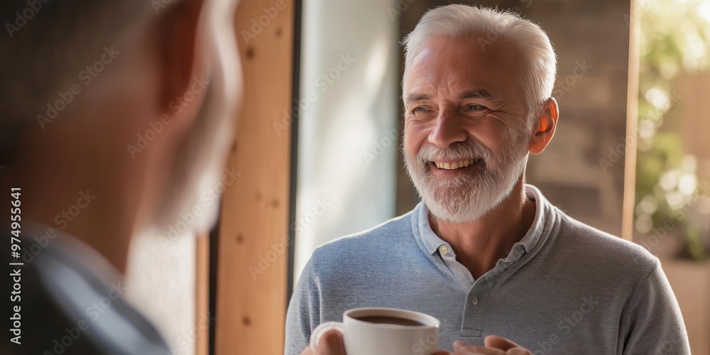 Two men are sitting at a table, one of them is holding a cup of coffee. They are smiling and seem to be enjoying each other's company Two men are sitting at a table, one of them is holding a cup of coffee. They are smiling and seem to be enjoying each other's company
