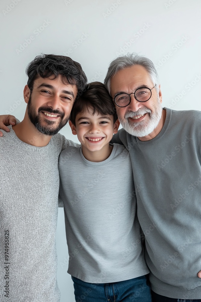 Three men and a boy are posing for a picture. The boy is wearing a gray shirt and the men are wearing glasses. Scene is happy and friendly Three men and a boy are posing for a picture. The boy is wearing a gray shirt and the men are wearing glasses. Scene is happy and friendly