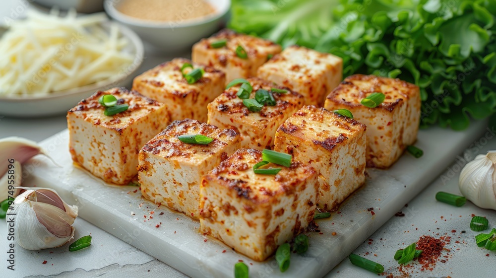Grilled tofu cubes with chili flakes and scallions on a marble board with lettuce, garlic, and grated cheese. Grilled tofu cubes with chili flakes and scallions on a marble board with lettuce, garlic, and grated cheese.