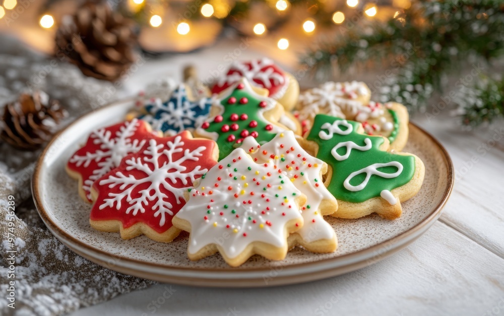 A festive assortment of holiday cookies shaped like snowflakes and Christmas trees perfect for celebrating the season A festive assortment of holiday cookies shaped like snowflakes and Christmas trees perfect for celebrating the season