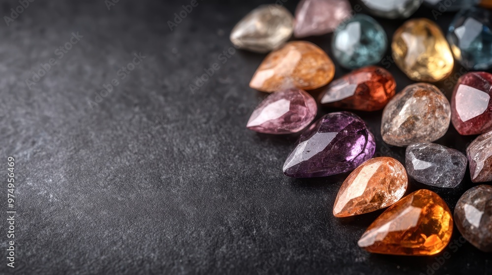 A collection of variously colored gemstones scattered on a dark textured background, showcasing their brilliant hues and intricate cuts, perfect for jewelry and decoration. A collection of variously colored gemstones scattered on a dark textured background, showcasing their brilliant hues and intricate cuts, perfect for jewelry and decoration.