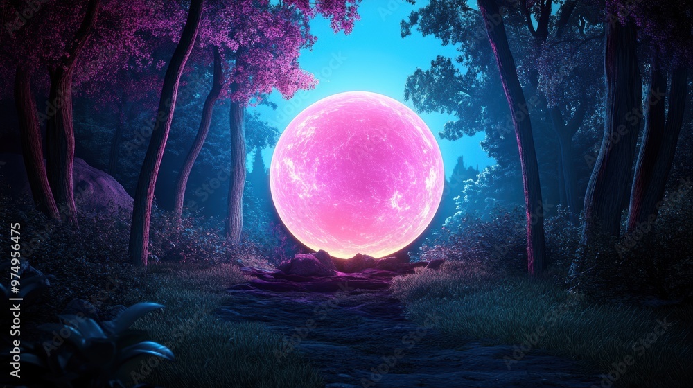 Fototapeta premium A glowing orb casts a kaleidoscope of colors onto a fantastical forest, illuminating hidden pathways.