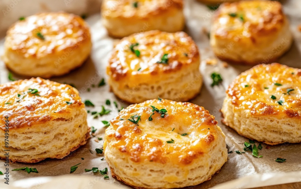Freshly baked savory cheese biscuits on parchment paper, topped with melted cheese and herbs for a delightful snack Freshly baked savory cheese biscuits on parchment paper, topped with melted cheese and herbs for a delightful snack