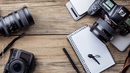 Freelancers work desk with a camera, notepad, and open laptop on a wooden surface, top view