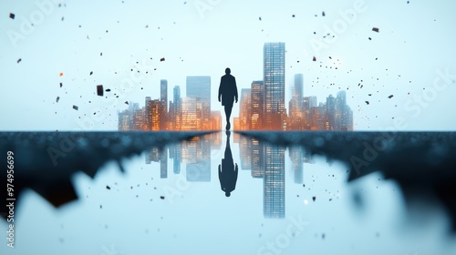 A lone figure walks through a city that shifts and morphs, each step leading to a new and unexpected reality.