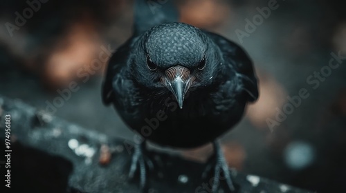 A black bird with an intense, stern expression stands on a concrete surface, its beak and eye creating a striking contrast against the urban backdrop. photo