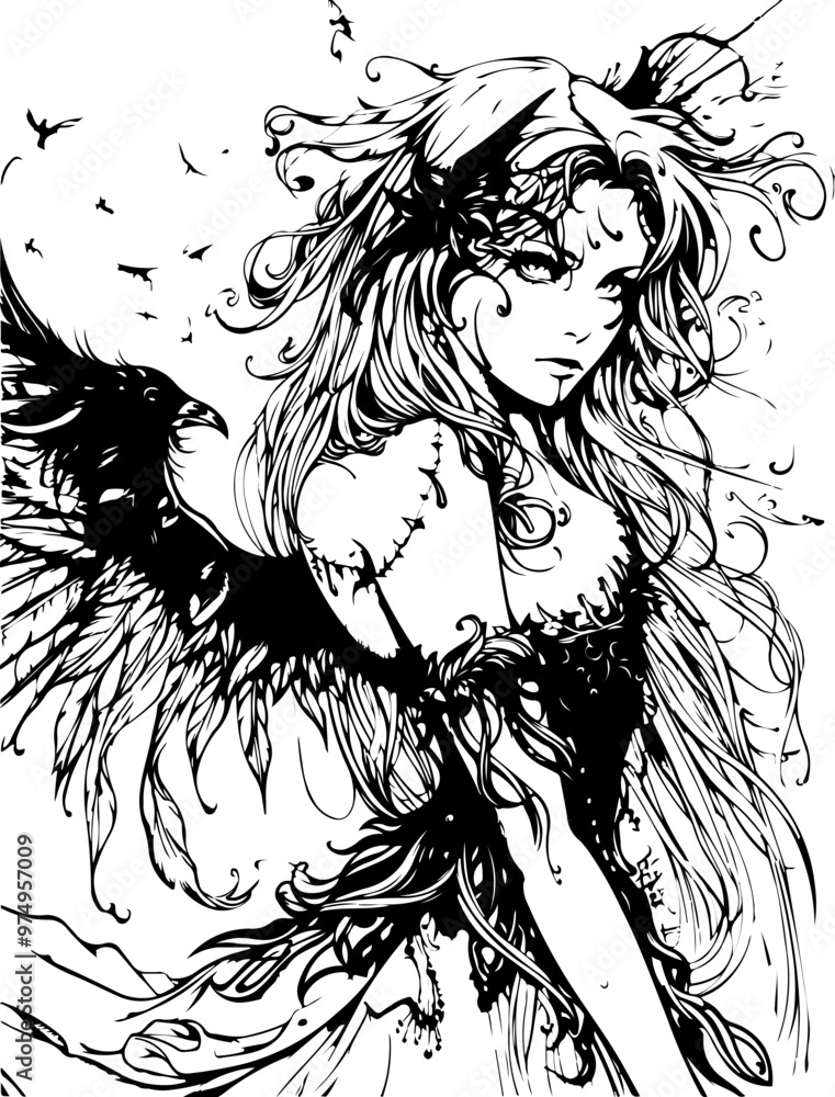 Fototapeta premium Gothic Fairy Coloring Pages Adult & Kids , Grayscale, light grayscale, Instant Download, Printable