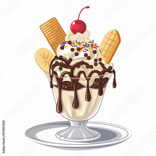 Vector Graphic of Ice Cream Sundae with Sprinkles, Wafers, and a Cherry