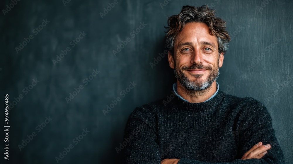 A relaxed gentleman with wavy hair and a kind smile stands confidently, embodying a sense of calm self-assurance and reliability against a dark background. A relaxed gentleman with wavy hair and a kind smile stands confidently, embodying a sense of calm self-assurance and reliability against a dark background.