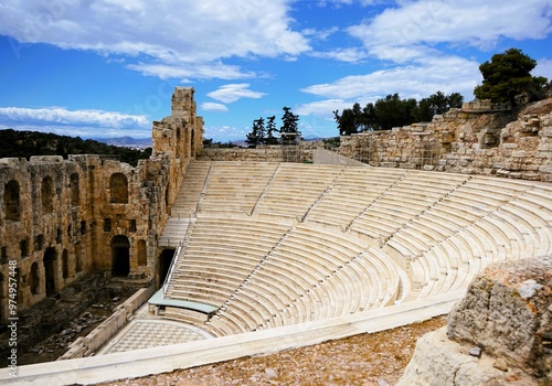 Odeon of Herodes Atticus in Athens on the Hill of the Acropolis, ancient greek amphitheatre made of marble, sightseeing and vacation in greece